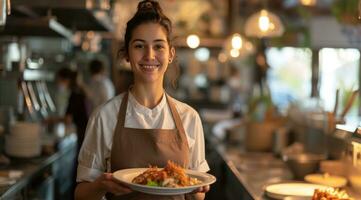 ai generato un' server detiene un' piatto di cibo nel un' ristorante foto