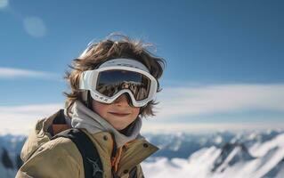 ai generato un' ragazzo sciare nel il montagne con il suo Ingranaggio su foto