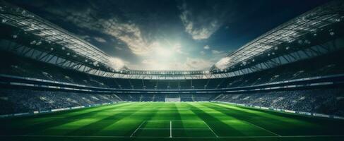 ai generato un' grande campo a il stadio con il leggero splendente in esso foto