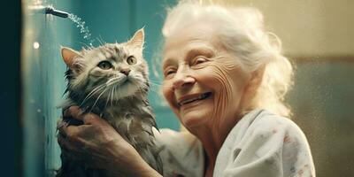 ai generato un anziano donna un' gatto con un' mano sotto il foto