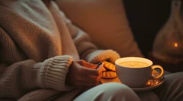 ai generato un' persona detiene caffè tazza e biscotti a casa a Natale foto