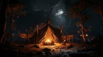 ai generato un' raggiante tenda è impostato su nel il boschi a notte con un ferro squillare foto