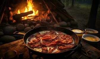 ai generato Bacon e uova è un' classico campo Alimenti foto