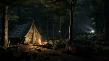 ai generato campeggio, solitario tenda nel il foresta a biancheria da notte foto