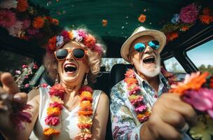 ai generato anziano coppia indossare occhiali da sole ridendo e nel un' auto contento foto