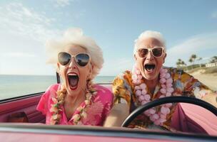 ai generato un anziano coppia ridendo mentre guida nel un' auto foto