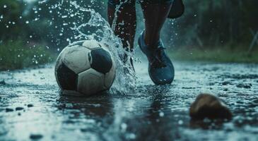 ai generato atleta giocando calcio con acqua su un' palla foto