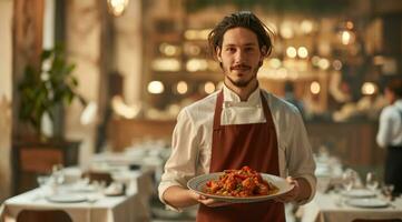 ai generato un' server detiene un' piatto di cibo nel un' ristorante foto