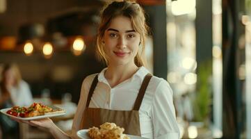 ai generato un' bellissimo cameriera nel pieno uniforme nel un' bianca superiore portando cibo foto