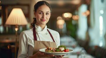 ai generato un' bellissimo cameriera nel pieno uniforme nel un' bianca superiore portando cibo foto