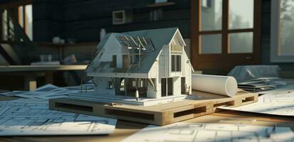 ai generato un' modello casa seduta su un' tavolo con vario architettonico disegni, foto