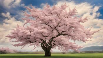 ai generato un' grande rosa albero nel un' campo con un' blu cielo foto