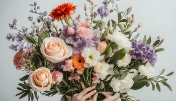 ai generato un' donna di mani Tenere un' mazzo di fiori foto