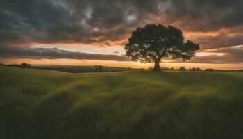 ai generato un' solitario albero sta nel un' campo a tramonto foto