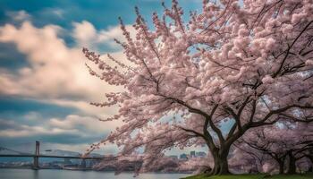 ai generato ciliegia fiori nel fioritura su il riva di il baia foto