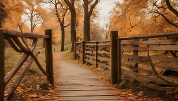ai generato un' di legno ponte conduce per un' sentiero nel il autunno foto