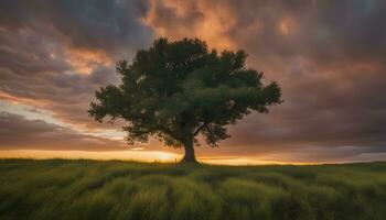 ai generato un' solitario albero sta nel un' campo sotto un' drammatico tramonto foto