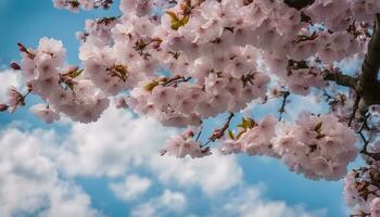 ai generato ciliegia fiori su un' albero nel davanti di un' blu cielo foto