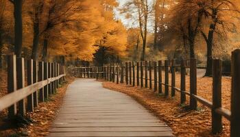 ai generato un' di legno sentiero nel il mezzo di un autunno foresta foto