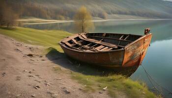 ai generato un' barca è seduta su il riva di un' lago foto