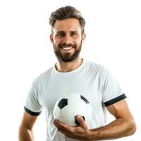 ai generato bello calcio giocatore con palla nel mano isolato foto