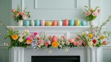 ai generato colorato uova e primavera florals telaio camino foto