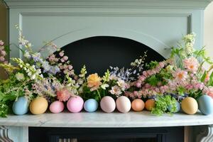 ai generato colorato uova e primavera florals telaio camino foto
