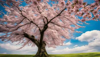 ai generato un' rosa ciliegia albero nel fioritura su un' erboso campo foto