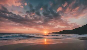 ai generato un' tramonto su un' spiaggia con onde e nuvole foto
