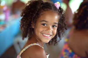 ai generato un' giovane ragazza sorrisi a un' compleanno festa, foto