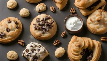 ai generato cioccolato patata fritta biscotti con crema e Noci Pecan foto