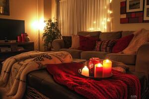 ai generato accogliente coperte, rosso cuscini, e lume di candela splendore foto