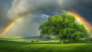 ai generato un' albero e arcobaleno nel un' campo sotto un' nuvoloso cielo foto