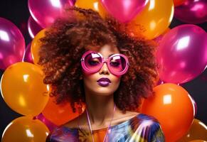 ai generato afro ragazza con bicchieri e palloncini foto