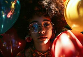 ai generato afro dai capelli giovane ragazza con bicchieri e palloncini foto