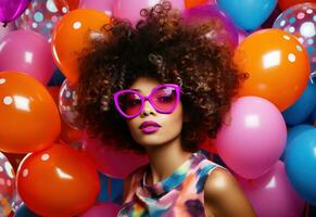ai generato afro ragazza con bicchieri e palloncini foto