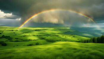 ai generato arcobaleno al di sopra di verde colline e alberi foto