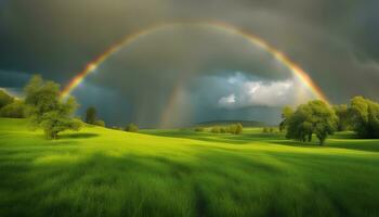 ai generato arcobaleno al di sopra di verde campo con alberi e erba foto