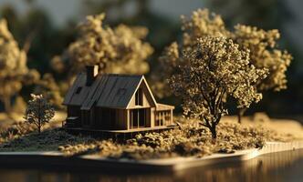ai generato un Immagine di un' piccolo Casa con alberi in giro esso foto