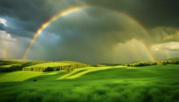 ai generato arcobaleno al di sopra di verde erboso campo con alberi e colline foto