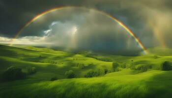 ai generato arcobaleno al di sopra di verde colline e alberi foto