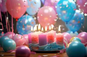 ai generato compleanno carta immagine dello schermo miniatura con compleanno candele e palloncini foto