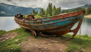 ai generato un vecchio arrugginito barca si siede su il riva di un' lago foto