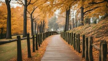 ai generato un' di legno sentiero nel il mezzo di un autunno parco foto