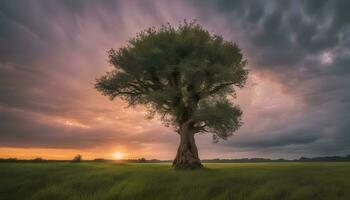 ai generato un' solitario albero sta nel un' campo sotto un' tempestoso cielo foto