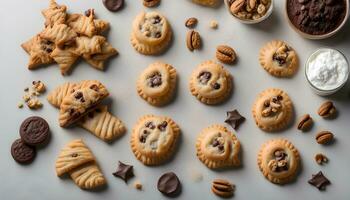 ai generato cioccolato patata fritta biscotti, pecan torta, e altro biscotti foto