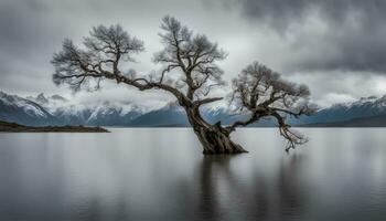 ai generato un' solitario albero sta nel il mezzo di un' lago foto