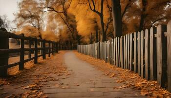 ai generato un' di legno recinto e un' sentiero nel il autunno foto