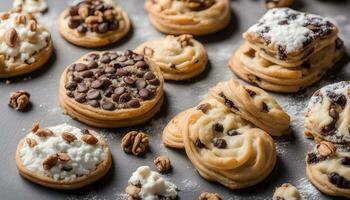 ai generato vario biscotti e pasticcini su un' tavolo foto