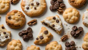 ai generato cioccolato patata fritta biscotti con Noci Pecan e cioccolato patatine fritte foto